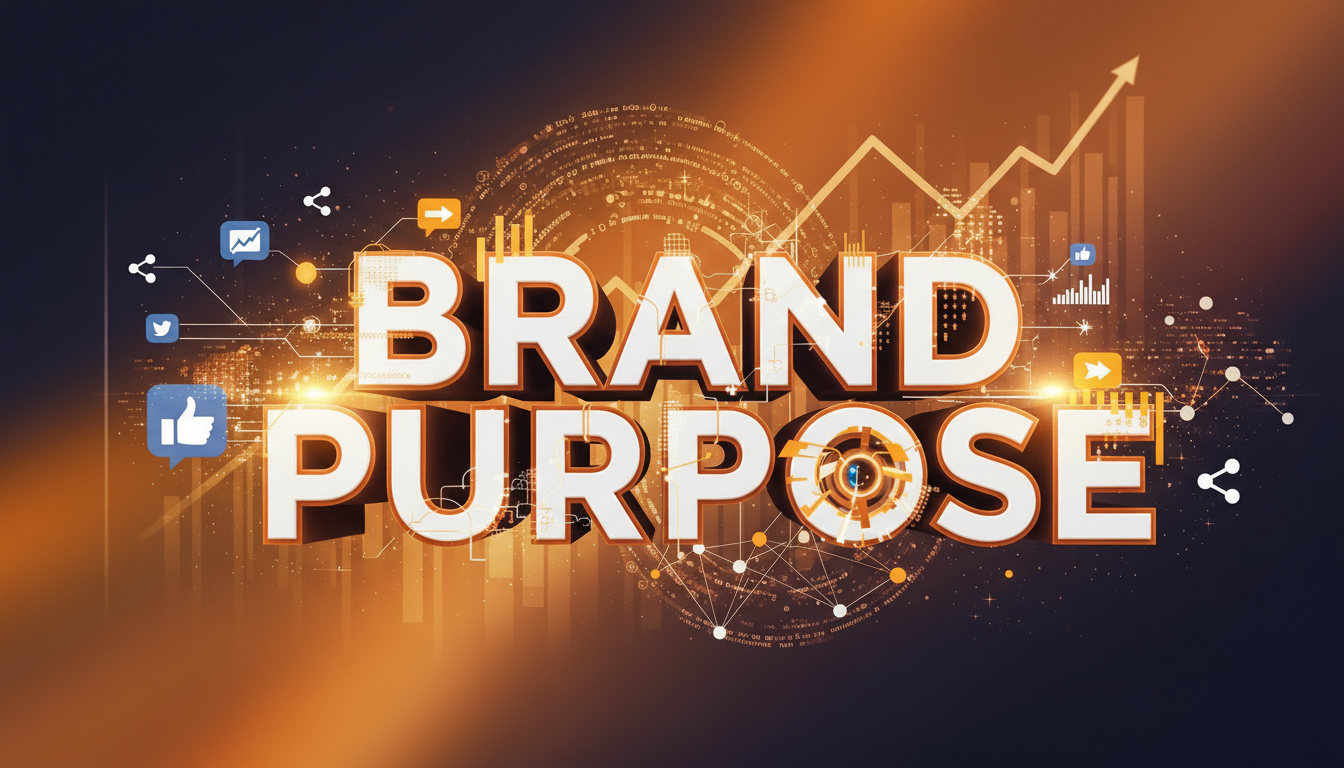 3D typography illustration of 'Brand Purpose' surrounded by digital marketing icons, data charts, and network connections, symbolizing strategic corporate social responsibility