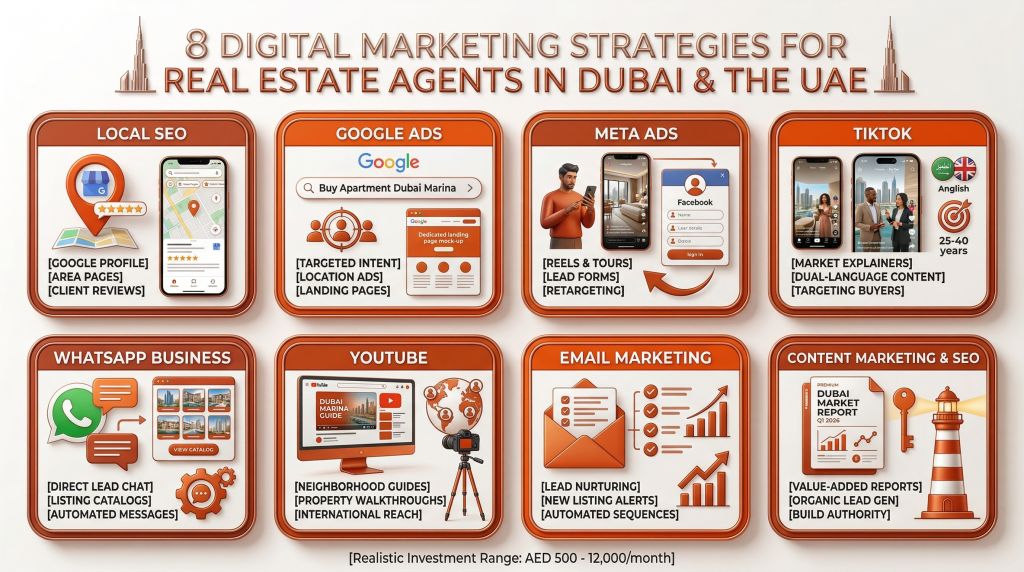 8 Digital Marketing Strategies for real estate agents in dubai visual Breakdown